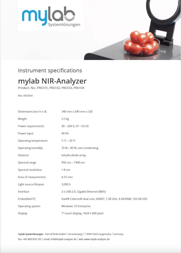 mylab NIR-Analyzer, NIR-Septrometer Instrument Specs
